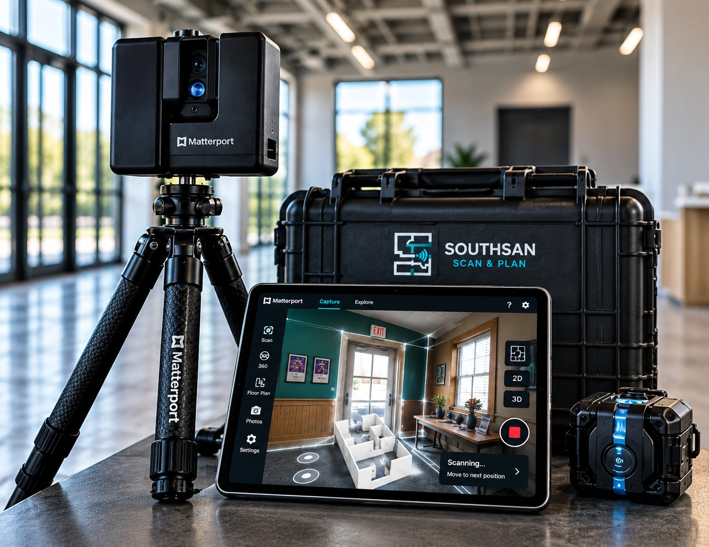 Representative professional spatial-scanning setup in a modern commercial interior