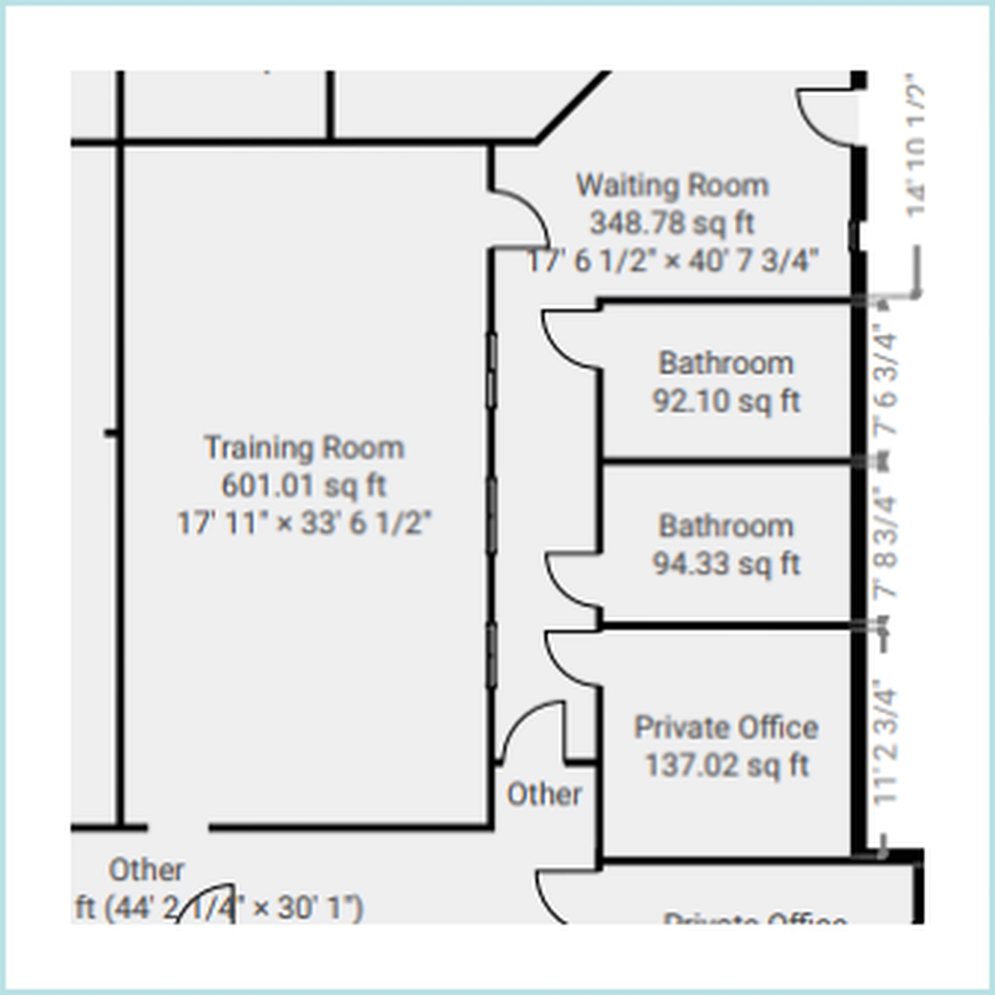 An anonymized excerpt of a real measured office floor plan showing several rooms